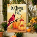 Bandiera da giardino con uccello cardinale e zucche con testo Welcome Fall su supporto - 30x45cm / Cardinale e Lanterna Vintage (FGF060)