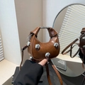Brown vintage PU leather mini crossbody bag with silver studs and top handle - Brown