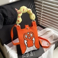 Detalle de mini bolso de punto naranja con diseño de ganso y asa suave amarilla - Ganso Blanco Naranja Amarillo (Estilo 11)