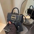 Black litchi grain square handbag with gold buckle and matching small charm pouch - Black