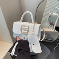 White litchi pattern leather square handbag with gold buckle and mini pouch charm - White
