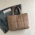 Stylish khaki quilted tote bag in a puffer style for women featuring button closure - Khaki