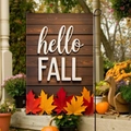 Bandiera da giardino autunnale con scritta hello FALL e foglie di acero colorate - 30x45cm / Venatura del Legno Scurto con Foglie d'Acero (FGF063)