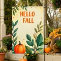 Bandiera da giardino Hello Fall con zucca e bacche su un supporto in metallo nero - 30x45cm / Sfondo Crema con Zucca Arancione (FGF064)