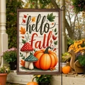 Bandiera da giardino Hello Fall con zucca e funghi appesa a un supporto in metallo - 30x45cm / Fungo a Pois e Foglie d'Acero (FGF065)
