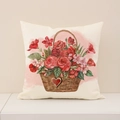 Linen Valentine cushion cover with red heart flower basket print on beige fabric - Flower Basket Rose Style (VP022-1) / 45x45cm