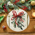 Mantel individual redondo de lino con ilustración de muérdago y lazo rojo navideño - Estilo Lazo de Muérdago (XRP095)