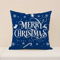 Dark blue linen Christmas pillow cover with white Merry Christmas reindeer print - 45x45cm / Blue Base White Greetings (XP031-13)