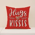 Red linen pillowcase with Hugs AND KISSES print and heart design for Valentine Decor - Hugs and Kisses Style (VP022-3) / 45x45cm