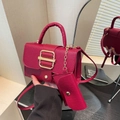 Rose red lychee pattern handbag with matching pouch and gold clasp detail - Red