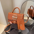 Caramel brown candy-colored square handbag set with gold buckle and crossbody strap - Brown