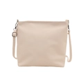 Minimalist beige leather bucket shoulder bag with adjustable strap on white background - White