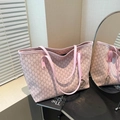Pink and beige large tote bag featuring all-over M print and pink leather straps - Pink