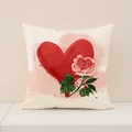Linen valentine pillowcase featuring watercolor red heart and pink rose flower pattern - Big Heart Rose Style (VP022-4) / 45x45cm