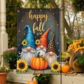 Bandiera da giardino autunnale con gnomi e zucche per decorazione di portico - 30x45cm / Tre Gnomi e Girasoli (FGF068)