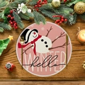 Pink Christmas table mat with snowman design and Winter Hello text on linen - Pink Snowman Style (XRP008)