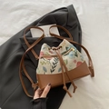 Secchiello etnico in jacquard floreale con base in pelle marrone e chiusura a coulisse - Marrone