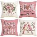 Set of 4 romantic linen pillow covers with pink floral and letter prints for home decor - Fresh Artistic Floral Style (VP020) / 45x45cm