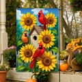 Bandiera da giardino con cardinali rossi e girasoli su supporto in metallo nero in autunno - 30x45cm / Tre Cardinali e Casetta per Uccelli in Legno (FGF069)
