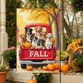 Bandiera da giardino autunnale con cani in camioncino, zucche e foglie dorate - 30x45cm / Cani Seduti in un Camion Rosso (FGF071)