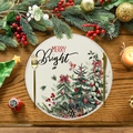 Round linen placemat with watercolor Christmas tree, red berries, and red bird design - Christmas Tree Red Bird Style (XRP012)