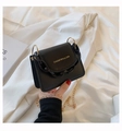 Mini black PU leather crossbody handbag with dual gold and black chains and gold lettering - Black