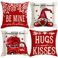 Set of four red and linen Valentine's Day pillow covers with gnomes and romantic hearts - Vintage Red Truck Gnome Style (VP009) / 45x45cm