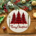 Sottopiatto rotondo in lino con alberi a quadri rossi e scritta Merry Christmas - Tre Alberi di Natale a Quadri (XRP059)