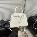 Elegant white leather square tote bag with buckle strap and adjustable shoulder strap - White