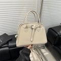 Classic beige PU leather tote bag with silver hardware and dual handles for daily commute - Khaki