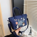 Donkerblauwe denim draagtas met schattige kattenprint en afneembare schouderriem - Donkerblauw