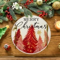 Tovaglietta rotonda natalizia con albero rosso e scritta Merry Christmas su lino - Bianco Sporco Albero Rosso Artistico (XRP014)