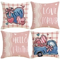 Four-pack Valentine's linen pillow covers featuring heart prints and vintage truck patterns - Romantic Pink Blue Truck Style (VP013) / 45x45cm