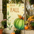 Bandiera da giardino con zucca verde e foglie arancioni con testo Hello Fall - 30x45cm / Zucca Verde con HELLO FALL (FGF075)
