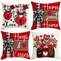 Set of four linen Valentine's Day pillow covers with red hearts and romantic typography - Mason Jar Rose Heart Lock Style (VP016) / 45x45cm