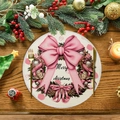 Pink Christmas wreath round placemat with Merry Christmas bow on dark wood table - Pink Bow Wreath Style (XRP015)
