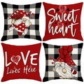 Set of 4 Valentine's Day linen pillow covers with gnomes and Love Lives Here prints - Black White Plaid Gnome Style (VP027) / 45x45cm