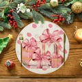 Round linen Christmas placemat featuring pink gift box prints on a dark wood background - Holiday Gift Box Style (XRP016)