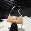 Minimalist beige shoulder bag with a stylish gold bow buckle detail in premium PU leather - Khaki