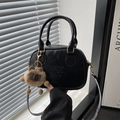 Black Boston style crossbody bag with letter embossing and cute plush charm - With Pendant / Black