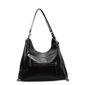 Classic black leather tote bag with dual front zippers and stylish white contrast stitching - Black