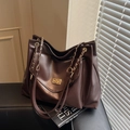 Chic dark coffee tote bag with polished PU leather finish and gold chain shoulder strap - Brown