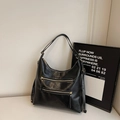 Sac bandoulière rétro en similicuir noir avec coutures contrastées et deux zips frontaux - Noir