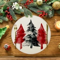 Tovaglietta rotonda in lino con alberi di Natale ad acquerello su tavolo in legno - Albero di Natale Acquerello (XRP021)