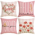 Set of 4 Valentines Day linen pillow covers with red hearts and floral prints - Romantic Rose Vine Style (VP032) / 45x45cm