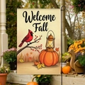 Bandiera da giardino Welcome Fall con zucche e uccelli su tessuto di juta rustico - 30x45cm / Lanterna e Cardinale Benvenuti (FGF079)
