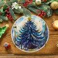 Round linen placemat with hand-painted blue Christmas tree and golden cutlery set - Blue Christmas Tree Style (XRP030)