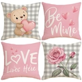 Valentine's linen pillowcases with bear heart and romantic letter prints set of four - Teddy Bear Pink Rose Style (VP035) / 45x45cm