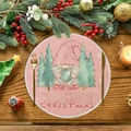 Pink Christmas gnome dining mat with holiday trees on round rustic wooden background - Pink Christmas Gnome Style (XRP032)