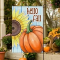 Bandiera da giardino Hello Fall con girasole e zucca arancione su sfondo in legno blu - 30x45cm / Legno Blu Chiaro con Zucca (FGF081)